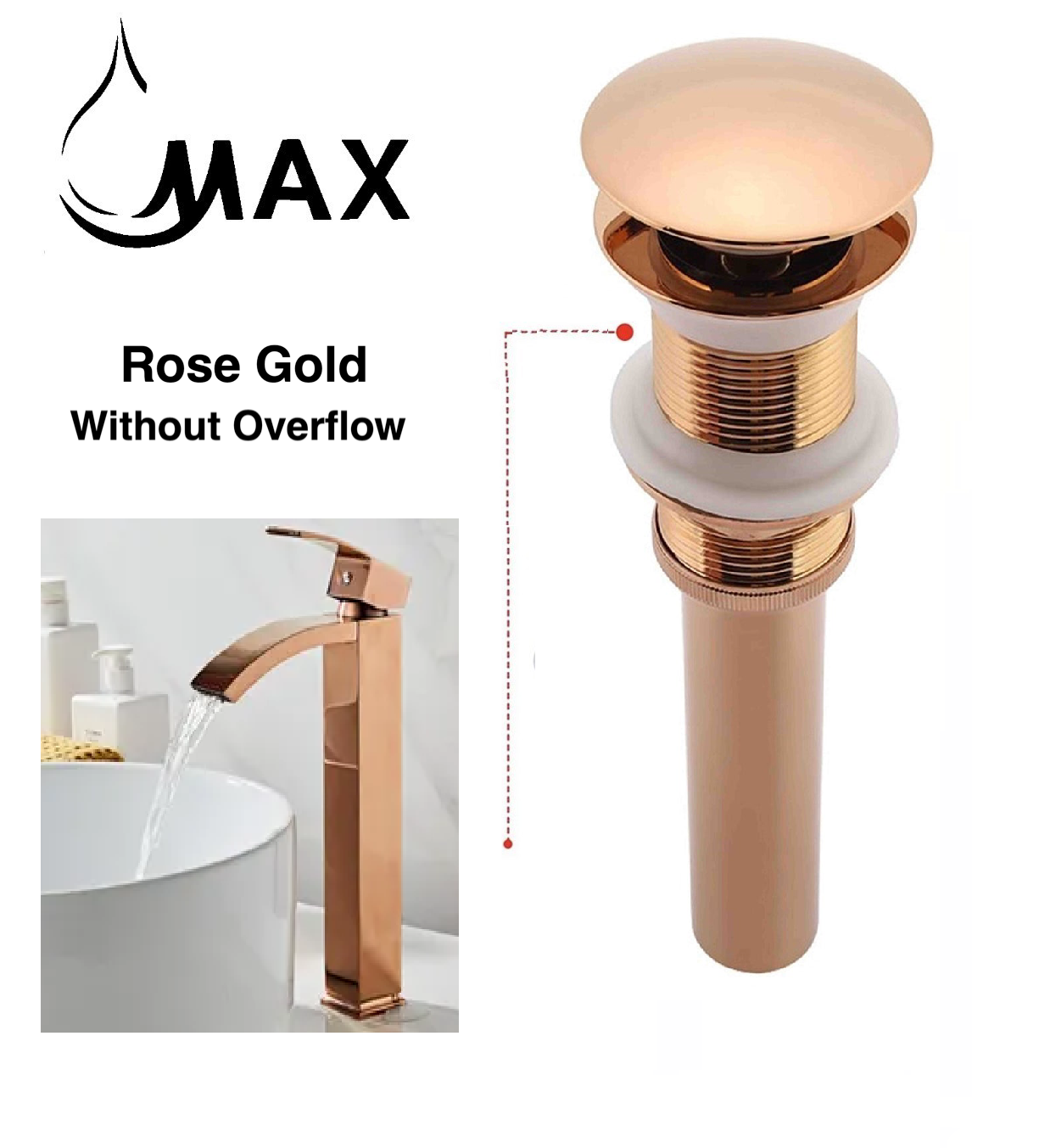 MAX Faucets | Solid Brass Pop-Up Bathroom Sink Drain Without Overflow – Rose Gold Finish