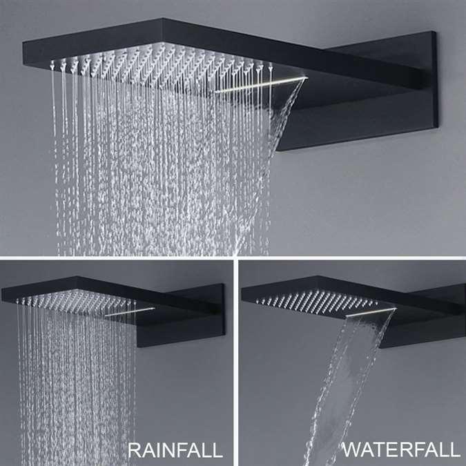 Water flowing from waterfall and rainfall shower system in matte black finish