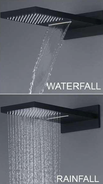 Water flowing from waterfall and rainfall shower system in matte black finish
