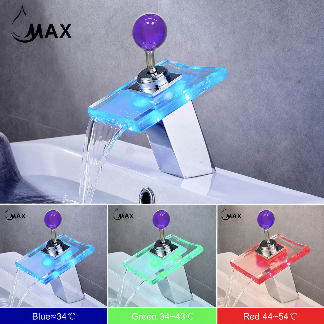 A modern waterfall bathroom faucet with a transparent acrylic base, chrome faucet body, and a purple spherical handle. The main image shows blue LED lighting, while the bottom row shows three color options: blue, green, and red LED lighting.