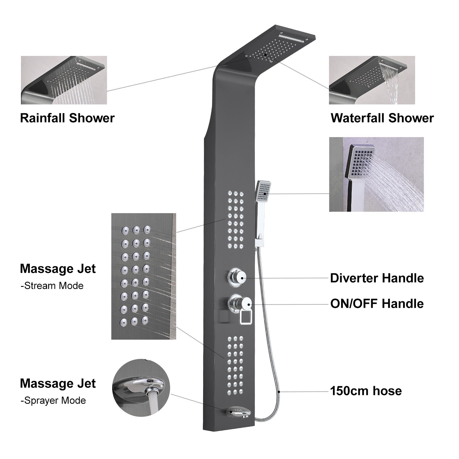 Waterfall Shower Panel System with Massage Jets and Handheld Shower | Black Finish M-SP104-B