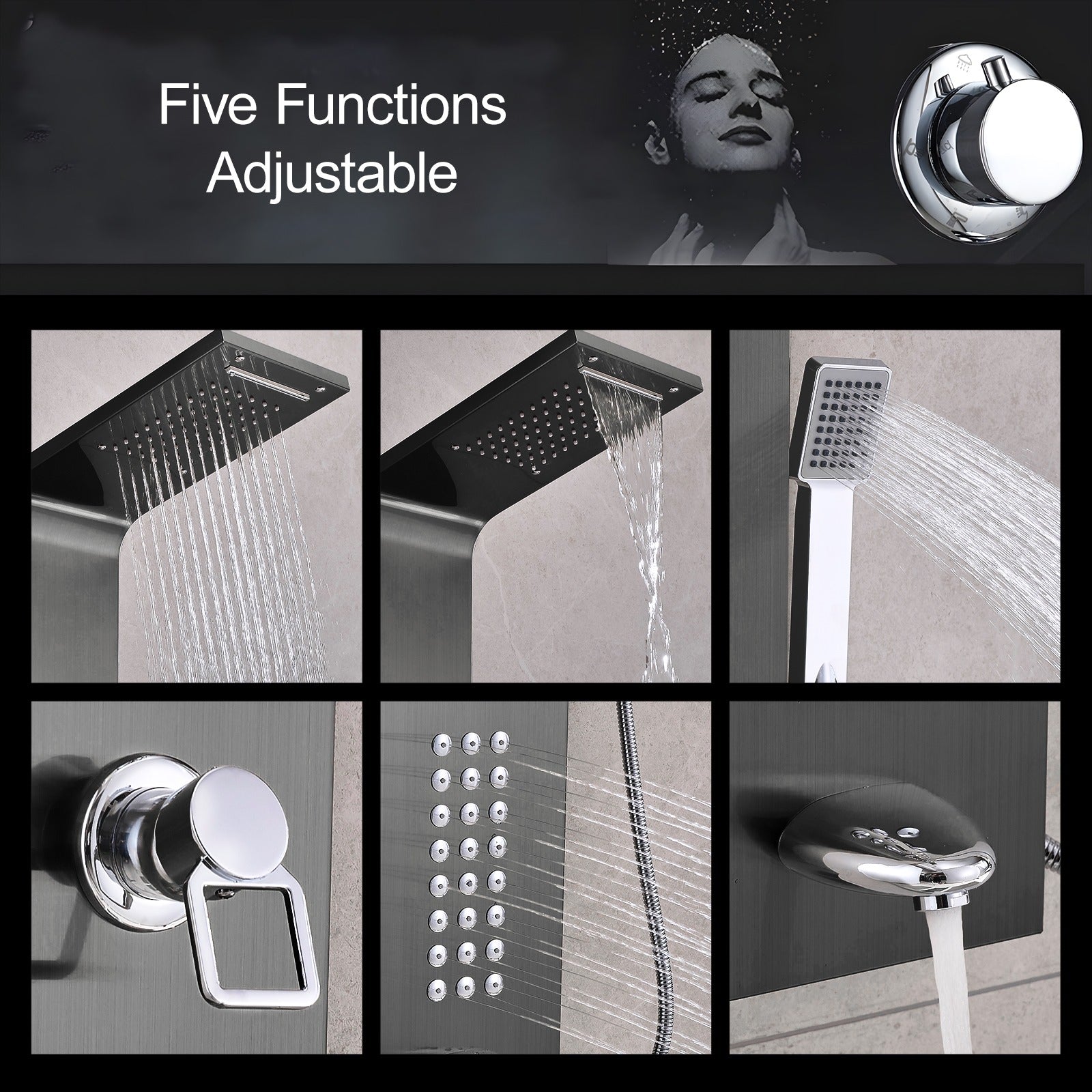 Waterfall Shower Panel System with Massage Jets and Handheld Shower | Black Finish M-SP104-B