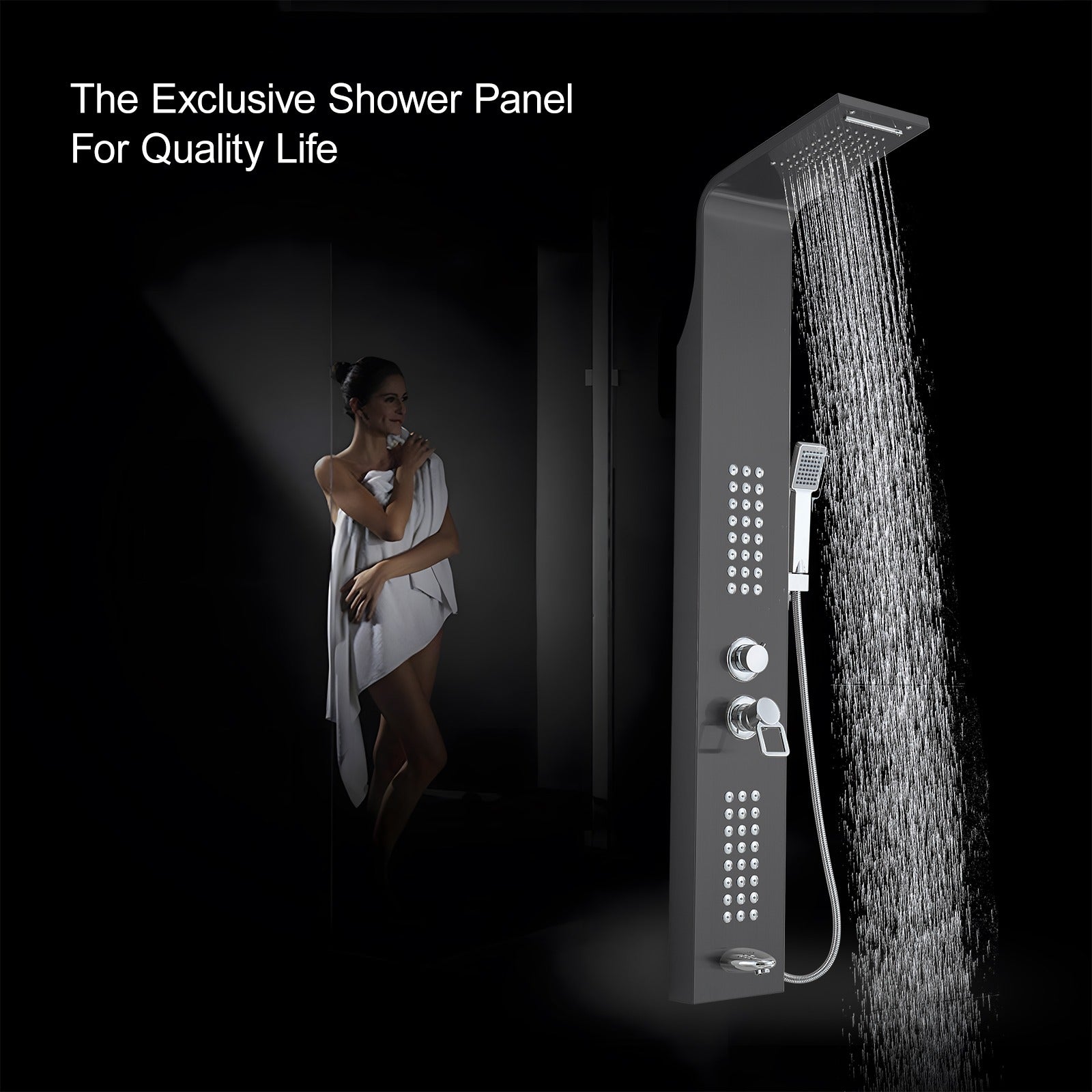 Waterfall Shower Panel System with Massage Jets and Handheld Shower | Black Finish M-SP104-B