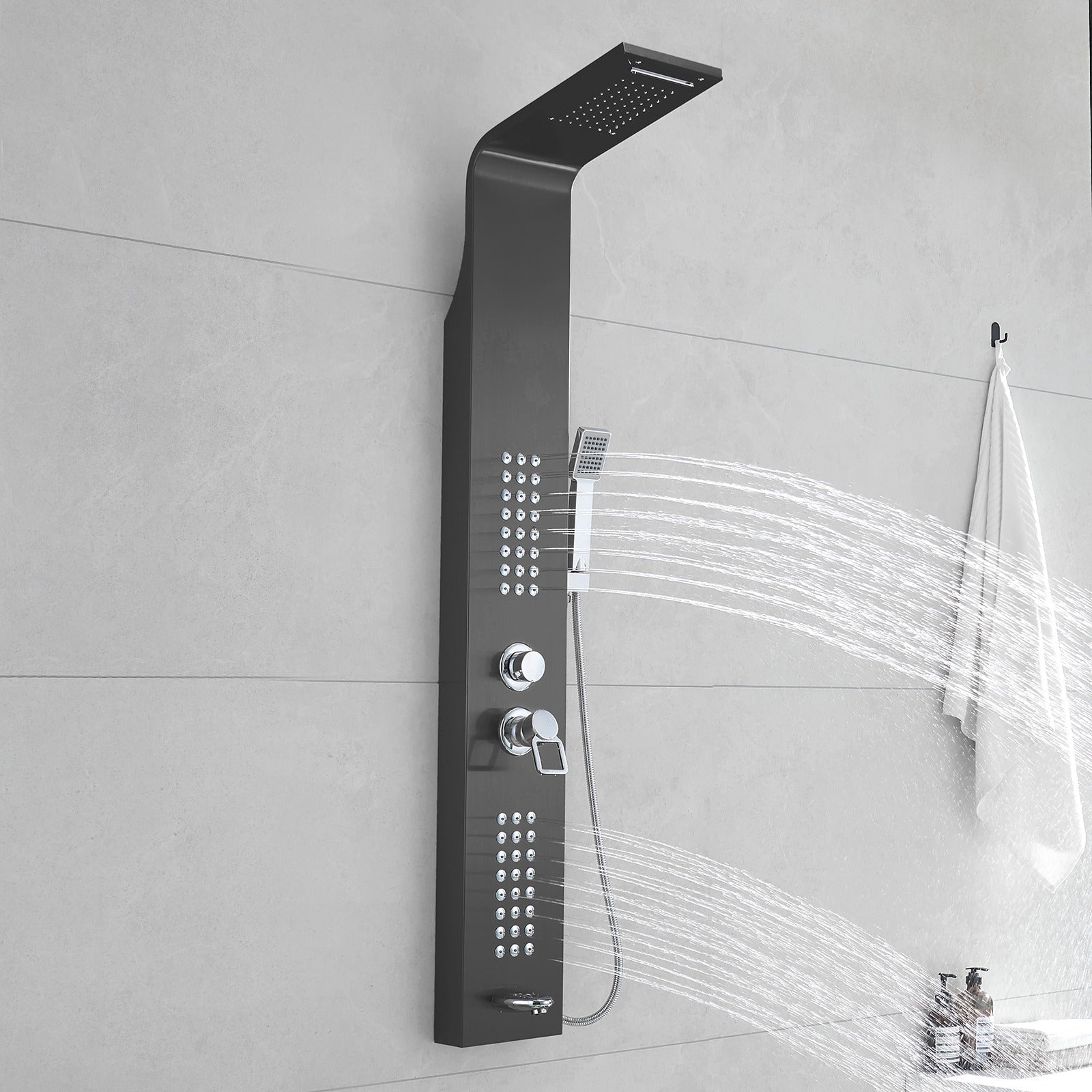 Waterfall Shower Panel System with Massage Jets and Handheld Shower | Black Finish M-SP104-B-1