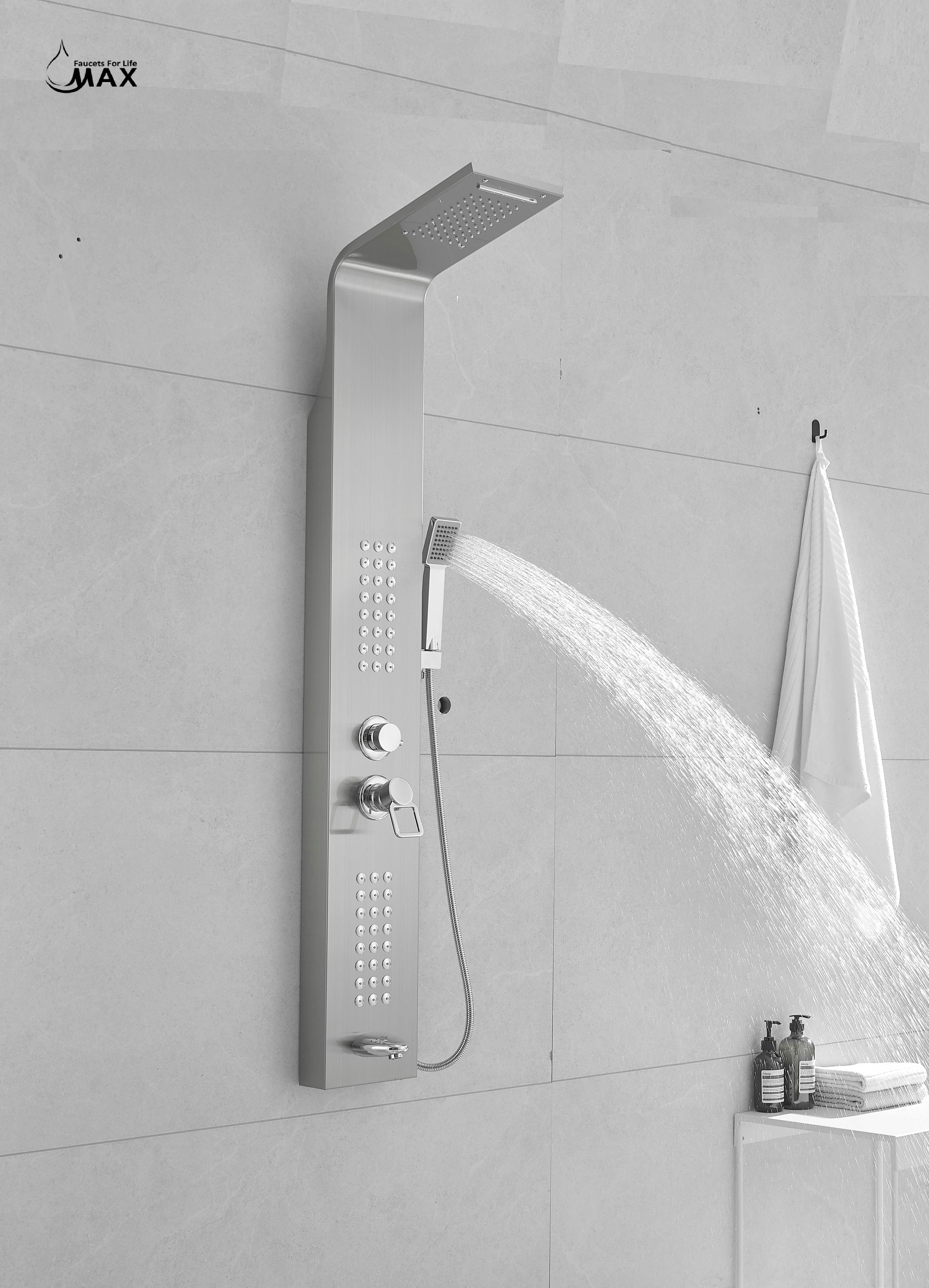 Waterfall Shower Panel System with Massage Jets and Handheld Shower | Brushed Nickel Finish BM-SP104-BN
