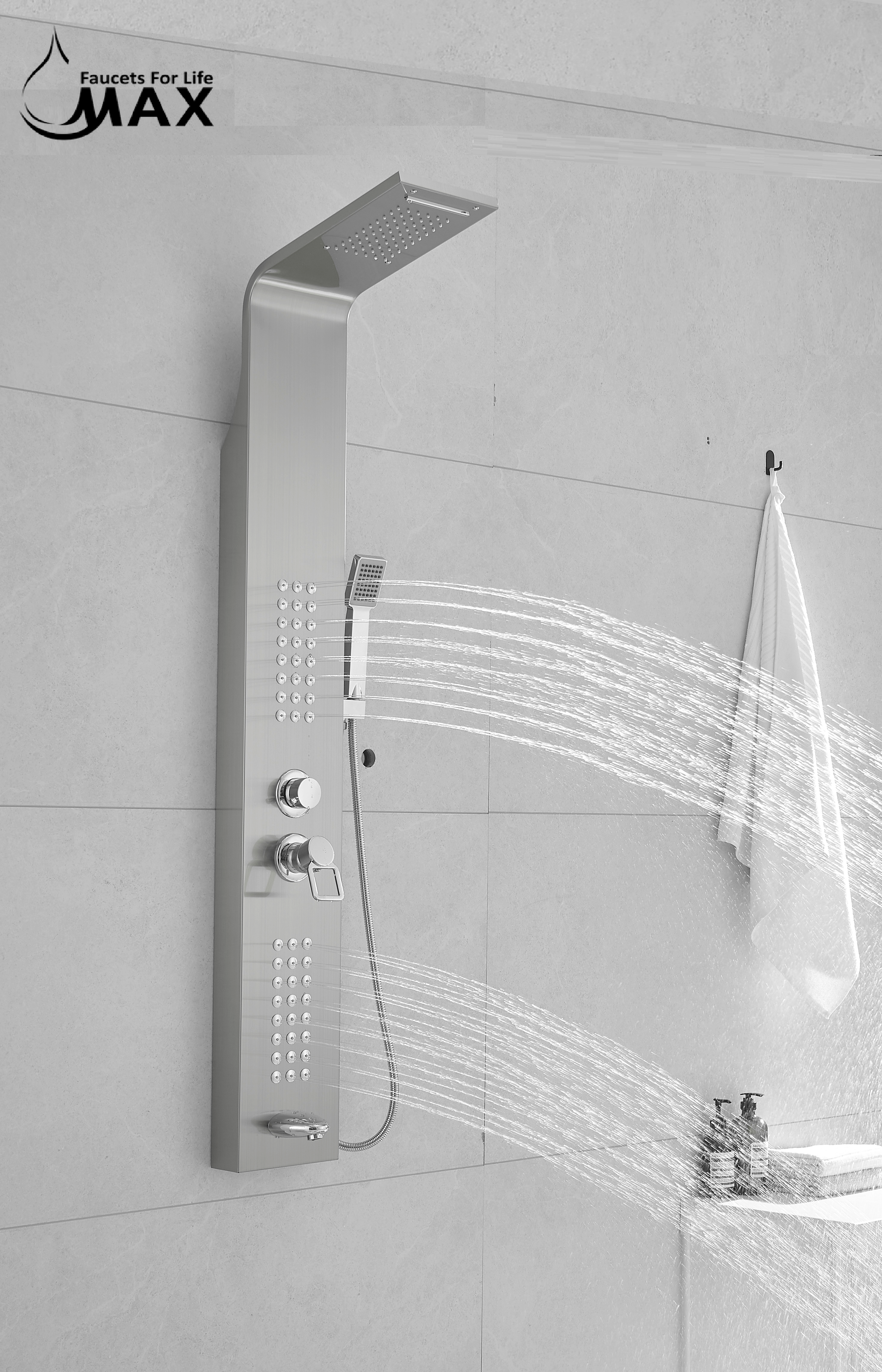 Waterfall Shower Panel System with Massage Jets and Handheld Shower | Brushed Nickel Finish BM-SP104-BN