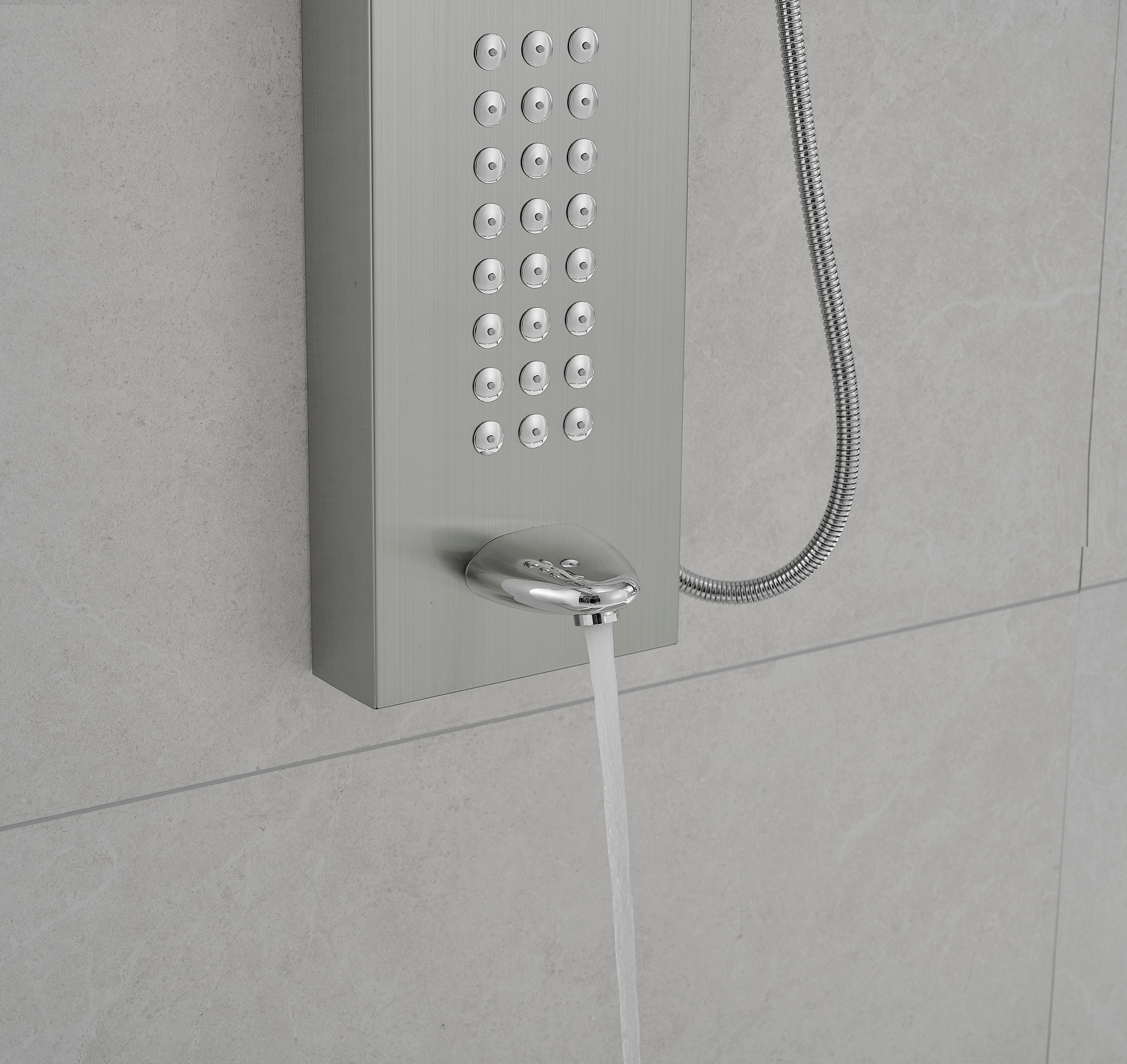 Waterfall Shower Panel System with Massage Jets and Handheld Shower | Brushed Nickel Finish BM-SP104-BN
