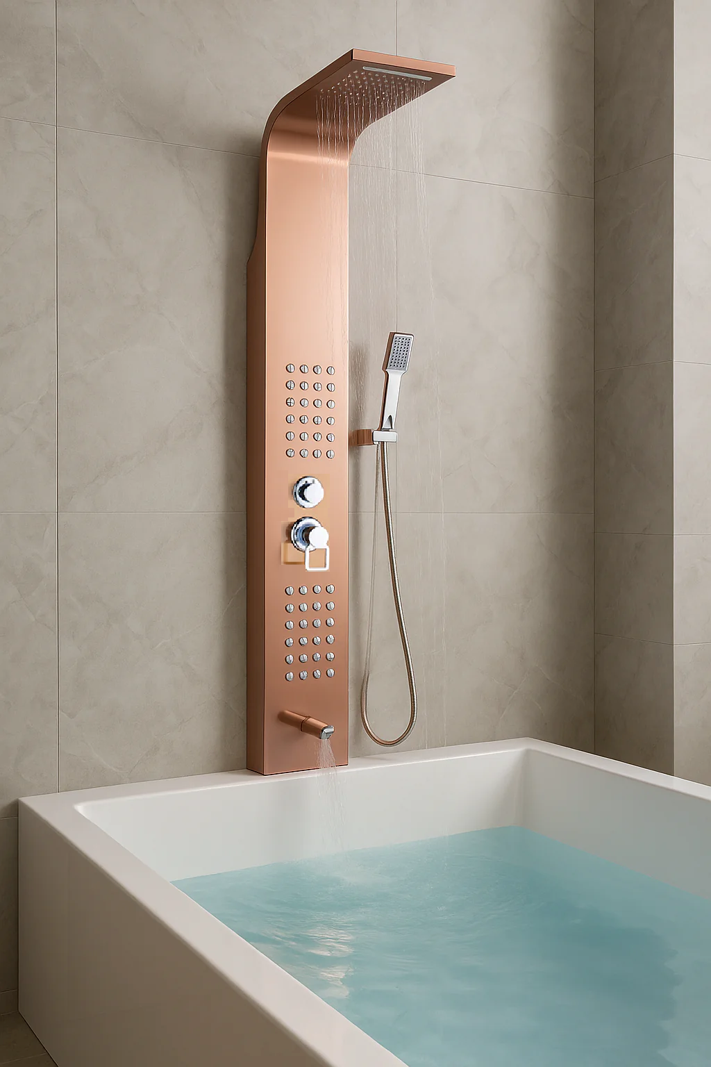 Waterfall Shower Panel System with Massage Jets and Handheld Shower | Rose Gold Finish BM-SP104-RG