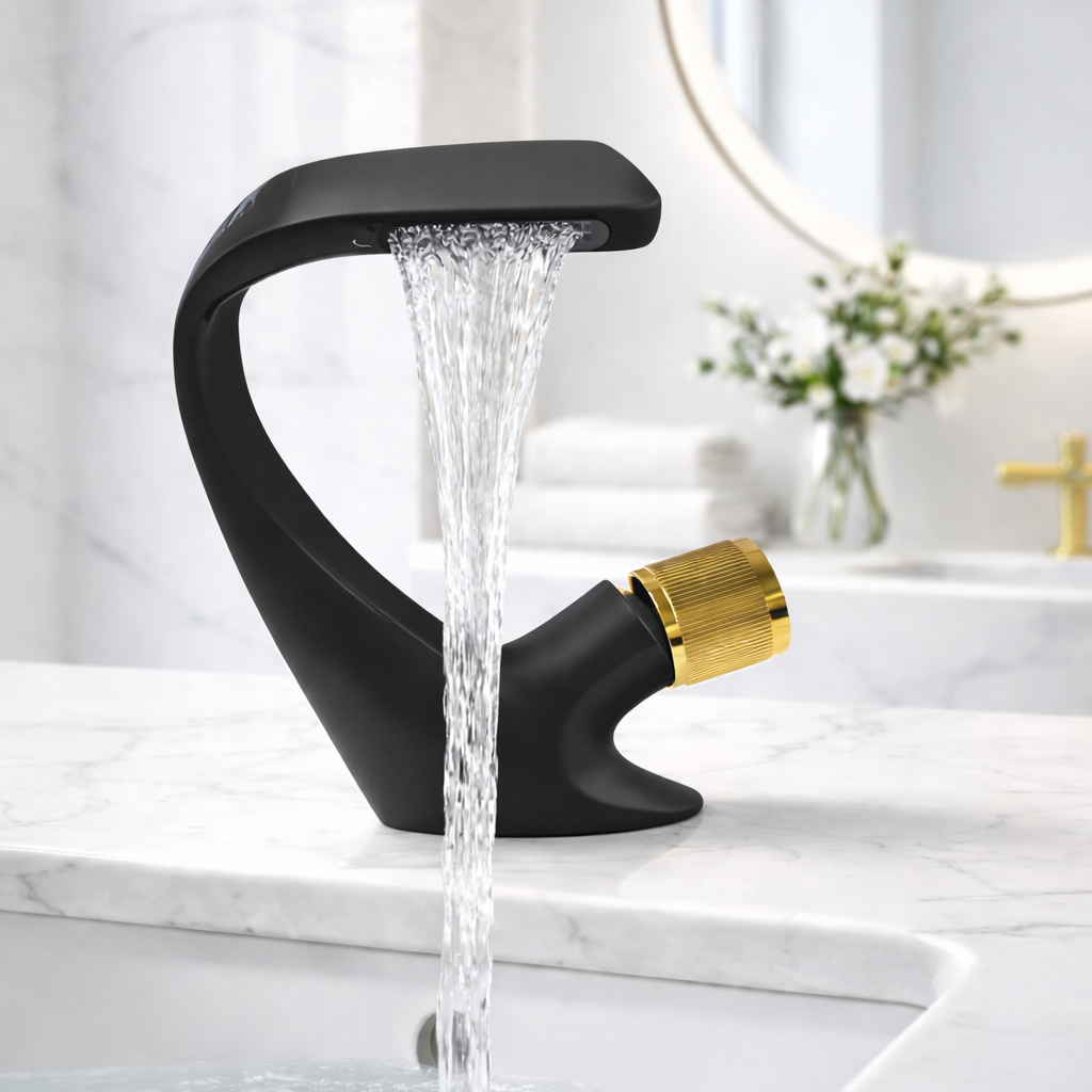 Waterfall Side Knob Bathroom Faucet, featuring a bold matte black body paired with a luxurious shiny gold side knob. 