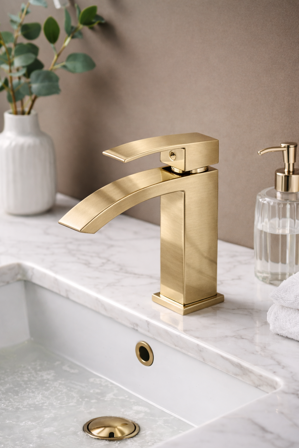 Single Handle Waterfall Bathroom Faucet – Brushed Gold | MAX Faucets