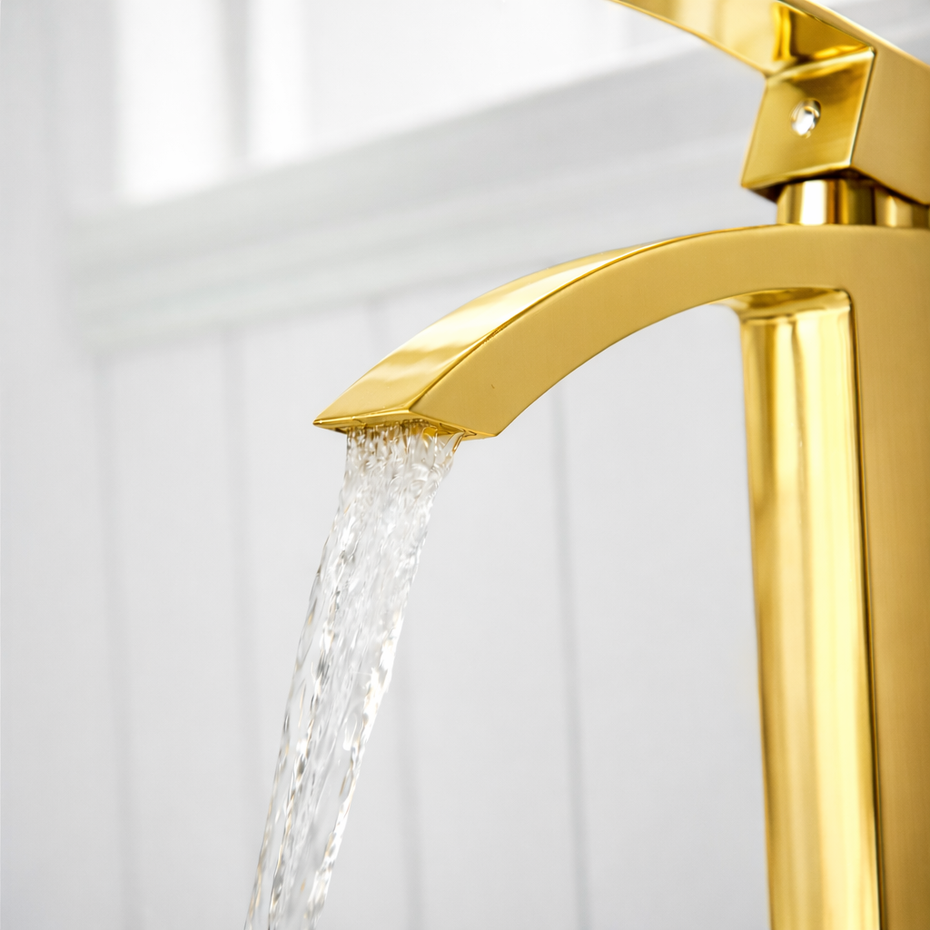 Waterfall Single Handle Bathroom Faucet Shiny Gold Finish 7.5"