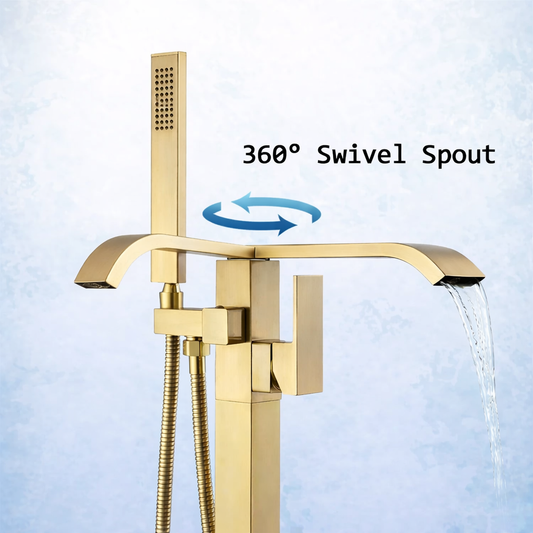 Waterfall Tub Filler Faucet Single Handle Floor Mounted With Rough-In And Handheld Brushed Gold Finish HM-8022W-BG MAX Faucets 