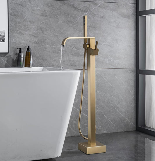 MAX Faucets Waterfall Tub Filler Faucet Single Handle Floor Mounted With Rough-In And Handheld Brushed Gold Finish HM-8022W-BG
