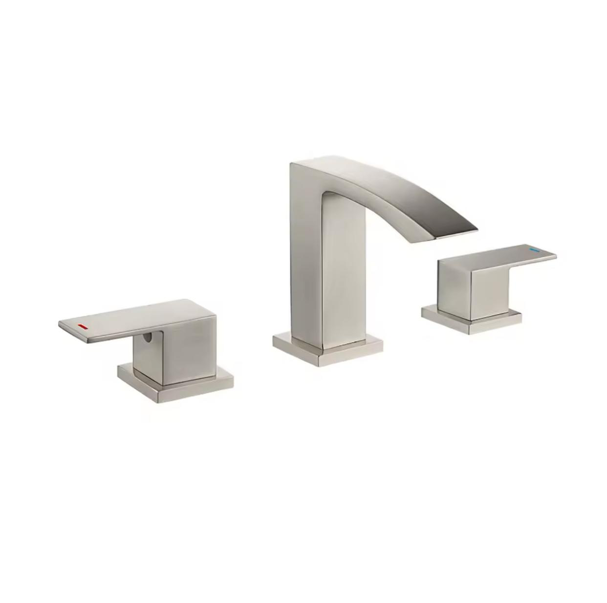 A modern three-hole bathroom faucet set with a brushed silver finish, featuring a central curved spout with running water and two matching lever handles on a white countertop.