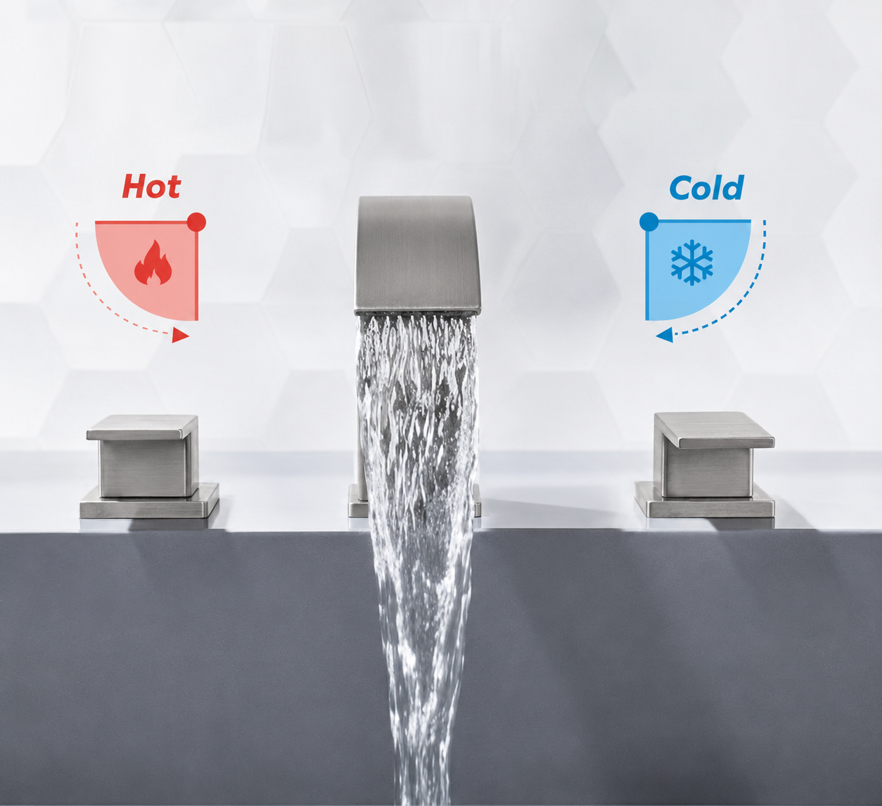 A modern three-hole faucet set with a central rectangular spout showing flowing water, flanked by two smaller side handles. Red and blue graphic overlays label the hot and cold sides with flame and snowflake icons above the sink.