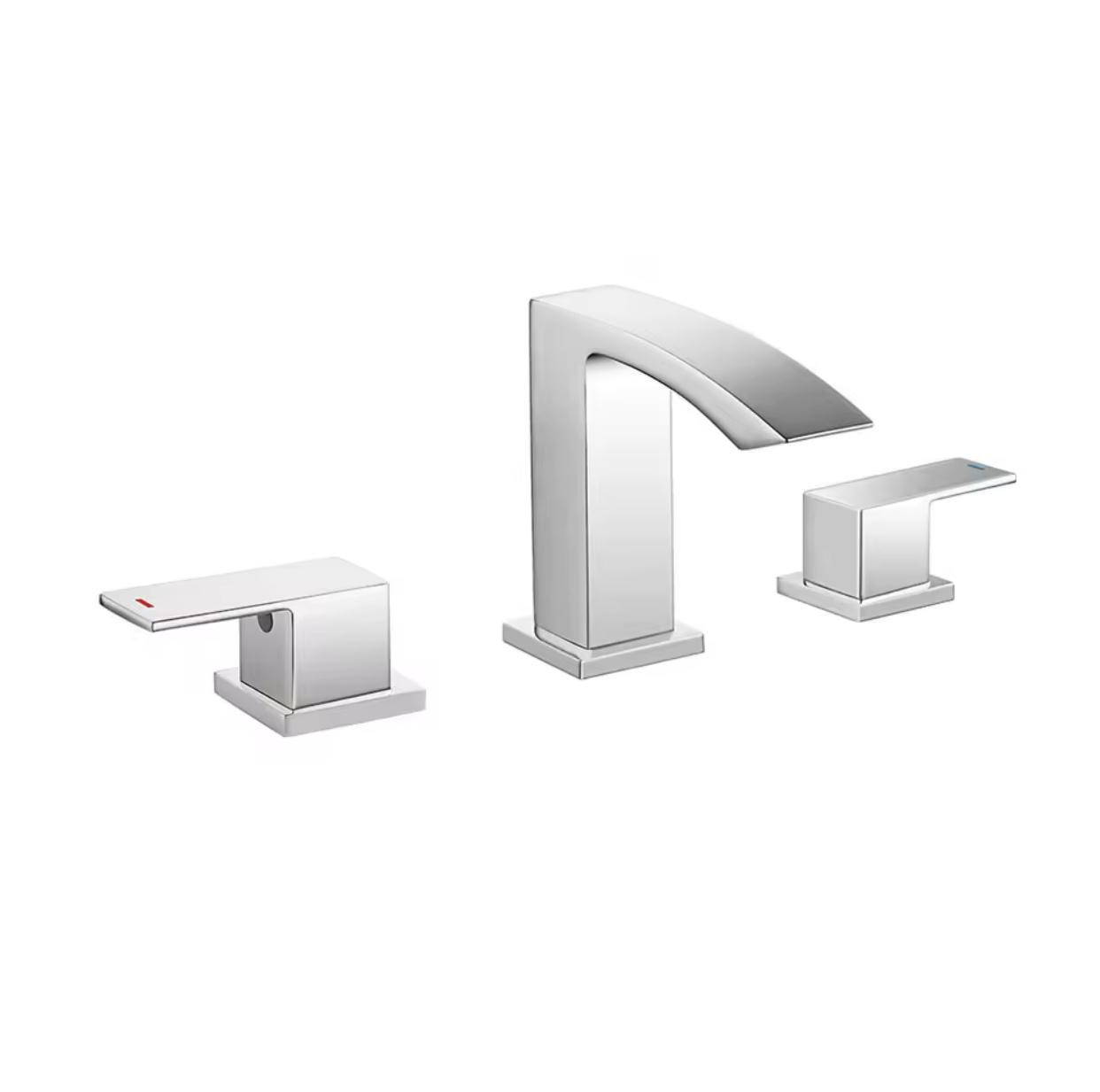 A modern three-hole bathroom faucet set with a polished chrome finish, featuring a central curved spout with water flowing out and two matching lever handles on either side, installed on a white marble countertop against a light gray wall.