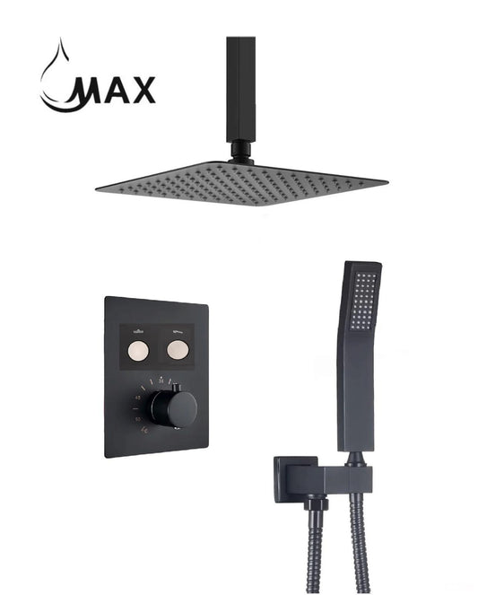 Ceiling Thermostatic Shower System Two Functions With Push-buttons Pressure Balance Valve Matte Black Finish