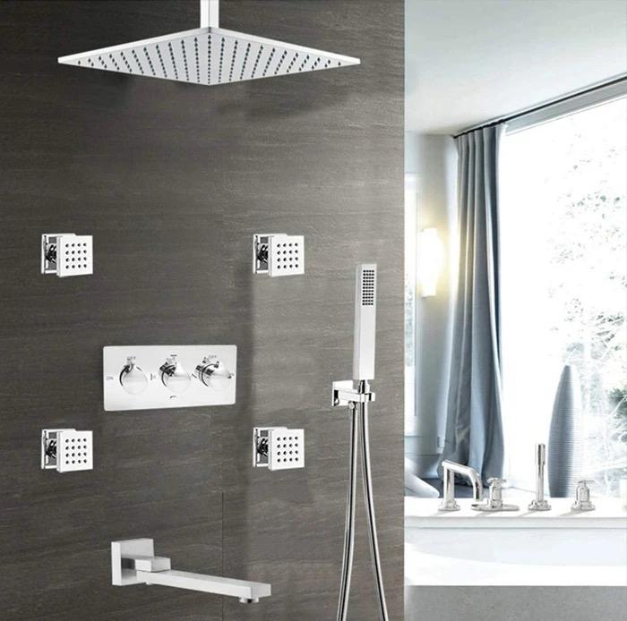 MAX Faucets Ceiling Shower System Set - Four-Way with Pressure Balance Valve & 4 Body Jets Massage (Chrome)