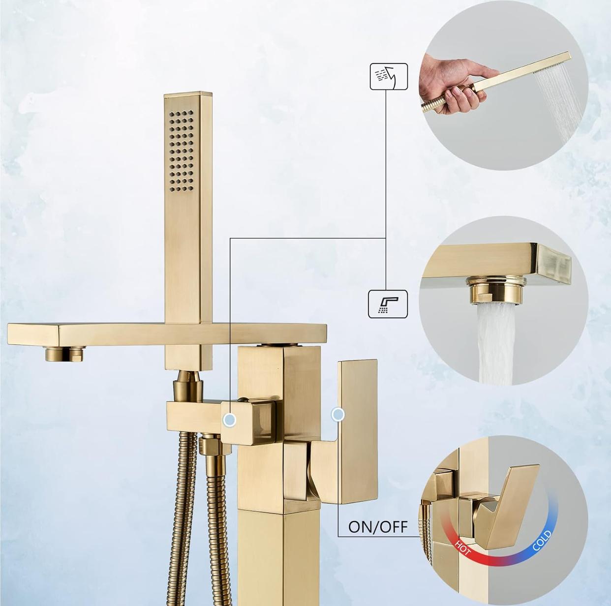 Freestanding Bathtub Faucet Brushed Gold Tub Filler Faucet Floor Mounted Single Handle With Rough-In And Handheld