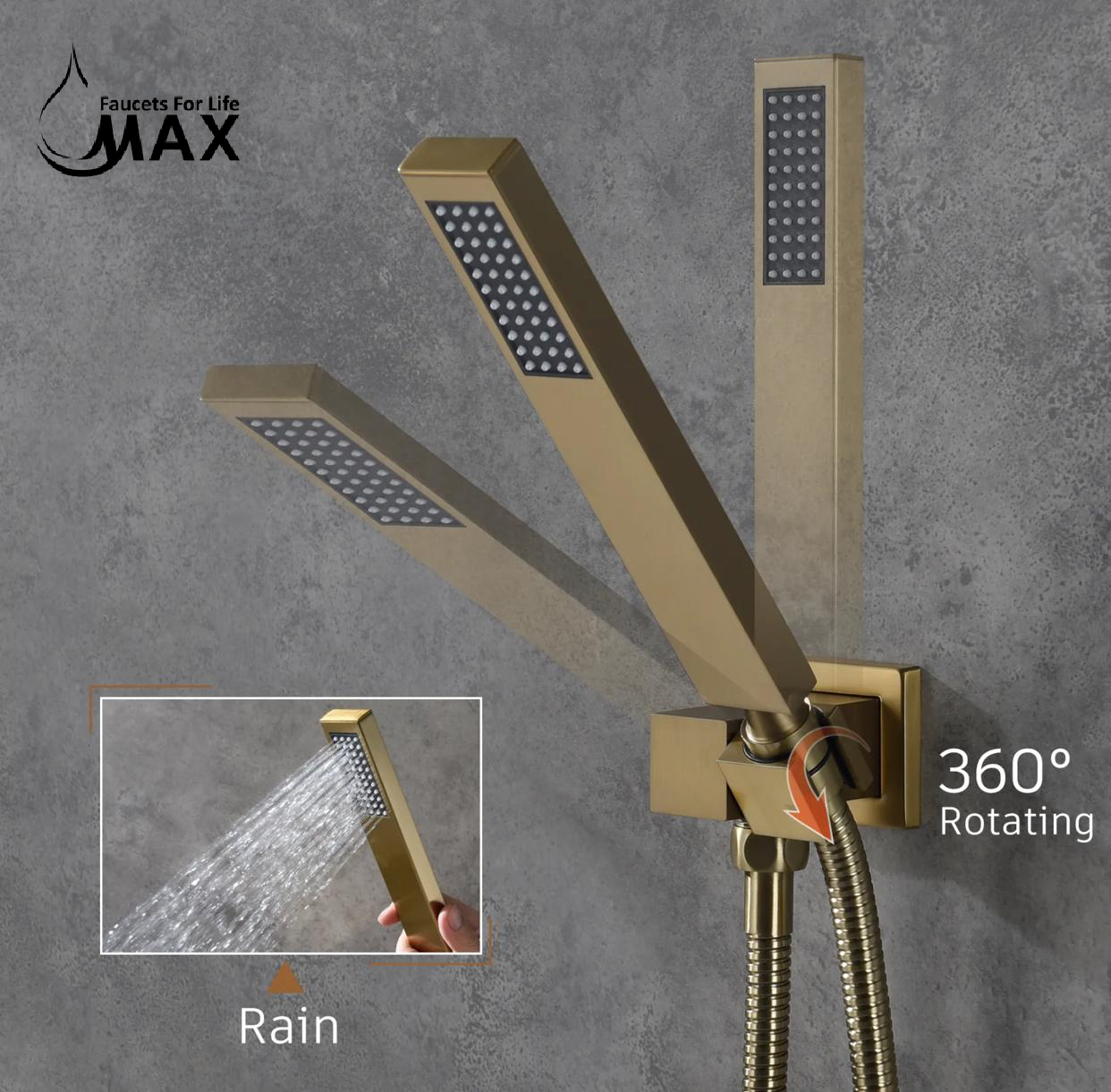 MAX Faucets 3-Function Waterfall & Rainfall Shower System with Handheld – Brushed Gold