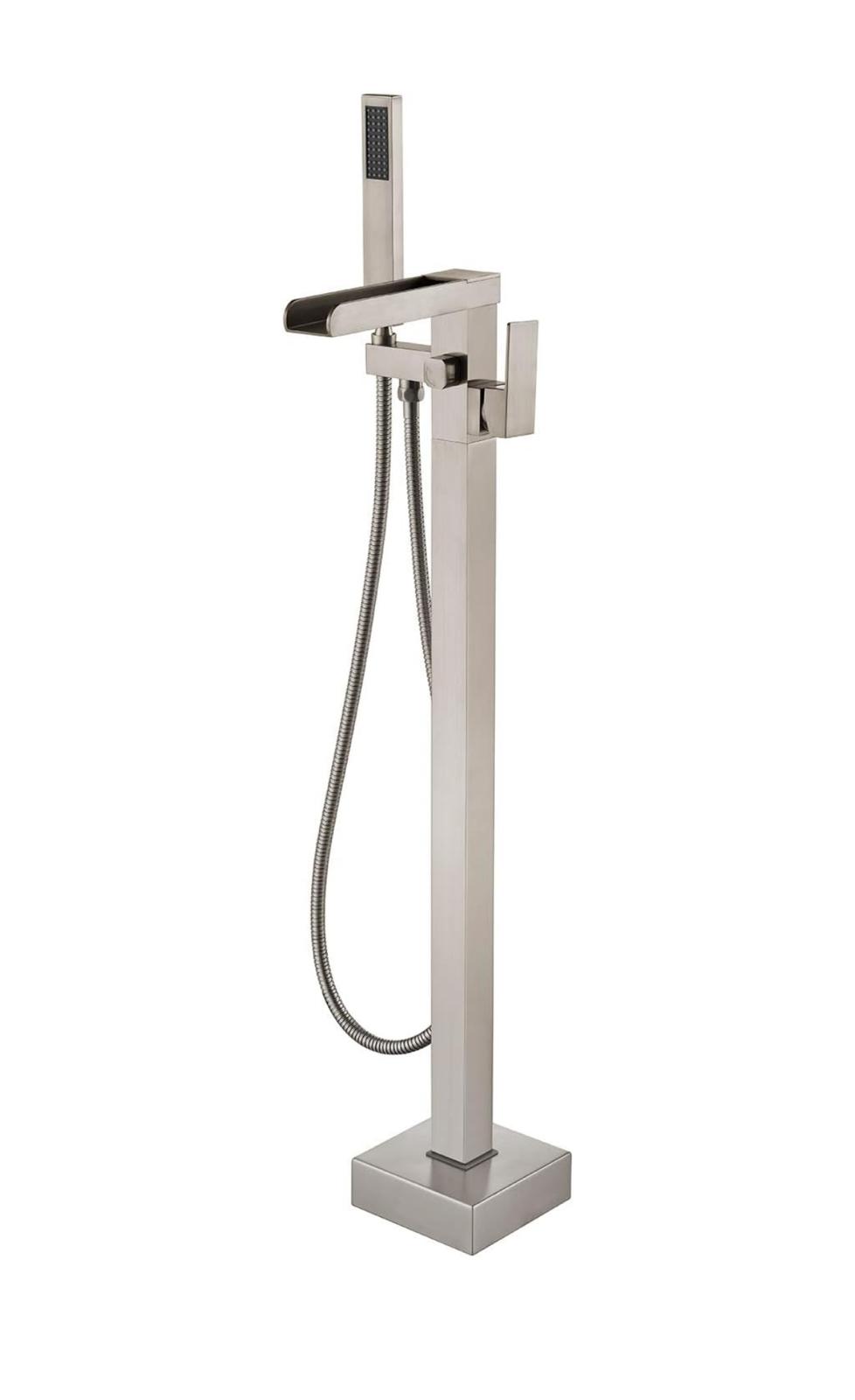 Waterfall Tub Filler Faucet Floor Mount Single Handle With Rough-In And Handheld Brushed Nickel Finish