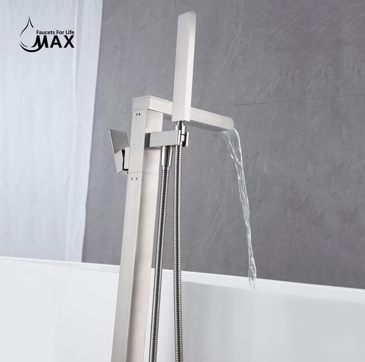 Waterfall Tub Filler Faucet Floor Mount Single Handle With Rough-In And Handheld Brushed Nickel Finish