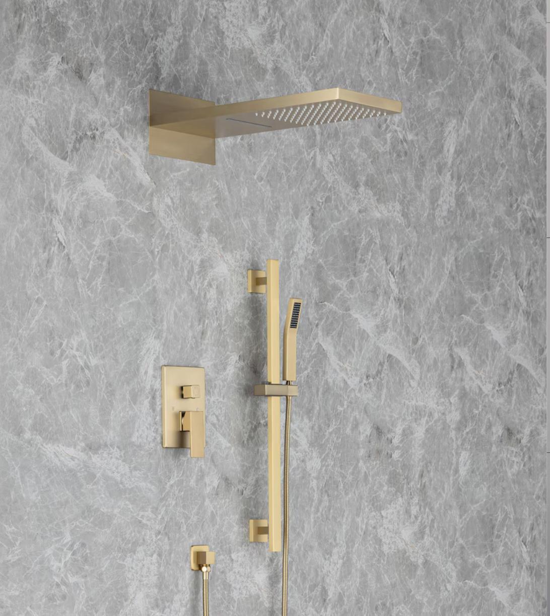 MAX Faucets Waterfall &amp; Rainfall Shower System, 3-Function with Slide Bar &amp; Adjustable Handheld – Brushed Gold