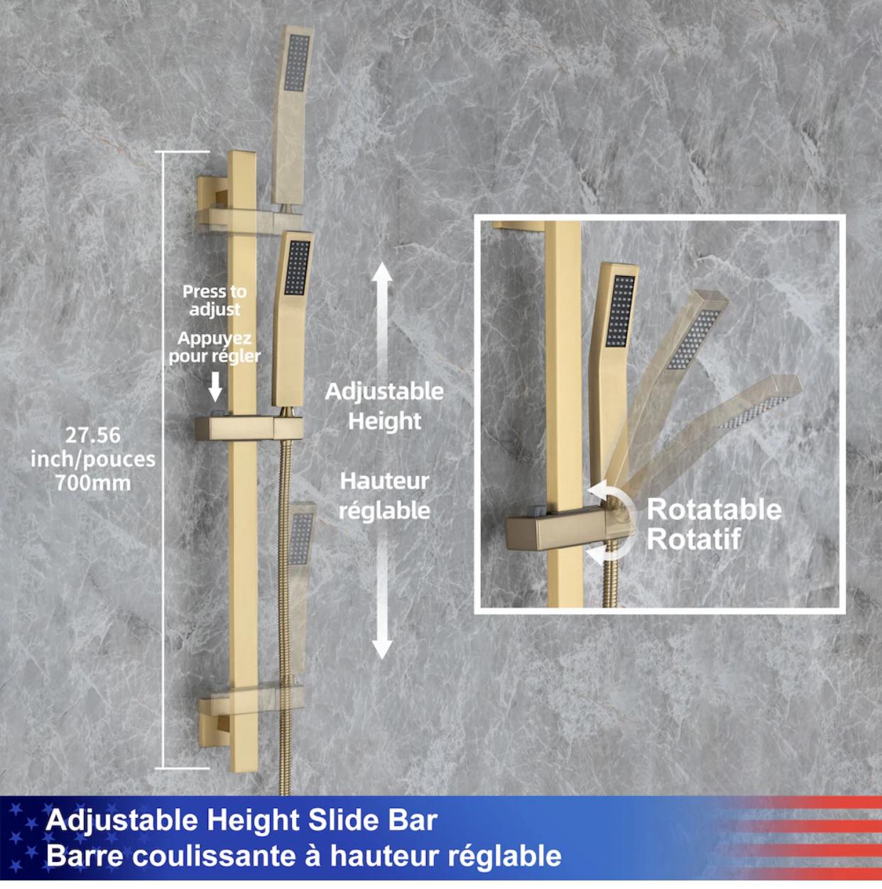 MAX Faucets Waterfall &amp; Rainfall Shower System, 3-Function with Slide Bar &amp; Adjustable Handheld – Brushed Gold