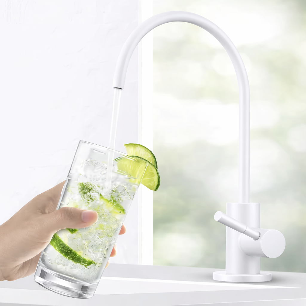 white water filter faucet with minimalist design pouring filtered water into glass