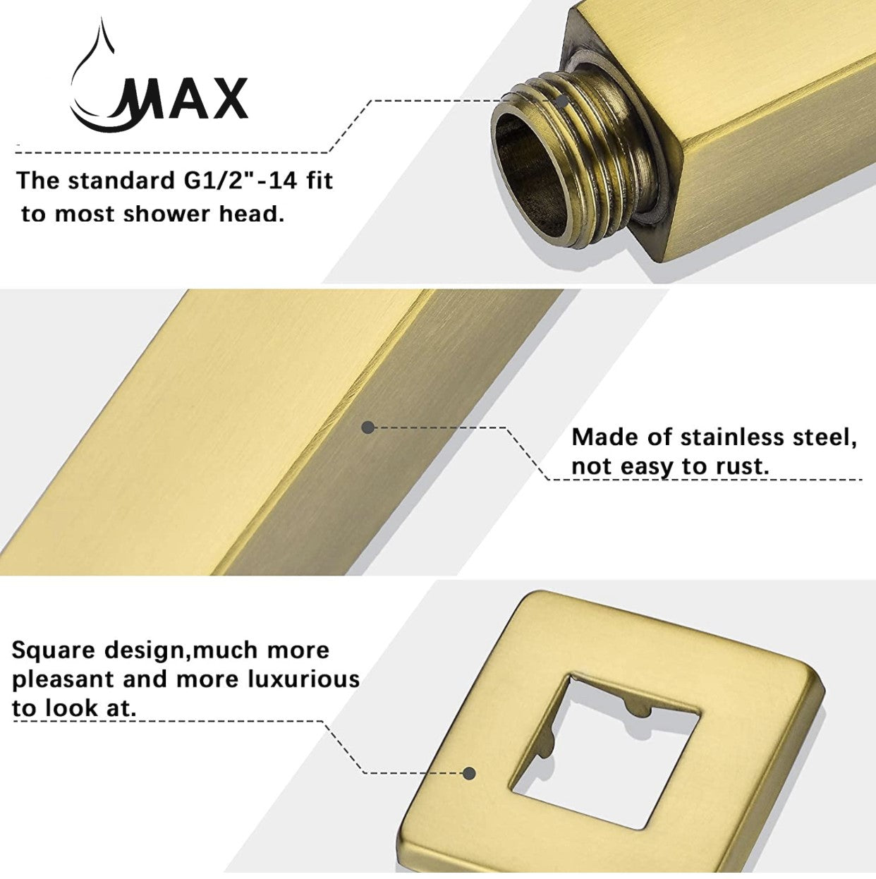 MAX Faucets | Ceiling Shower Head Arm 3" - Brushed Gold