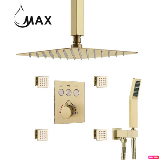 Ceiling Thermostatic Shower System Three Function Handheld With 4 Body Jets and Valve Brushed Gold Finish