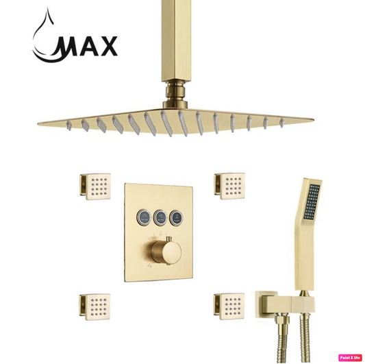 Ceiling Thermostatic Shower System Three Function Handheld With 4 Body Jets and Valve Brushed Gold Finish