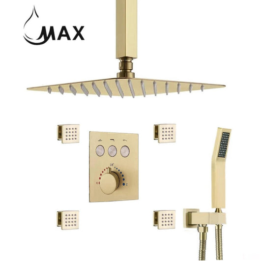 Ceiling Thermostatic Shower System Three Function Handheld With 4 Body Jets and Valve Brushed Gold Finish