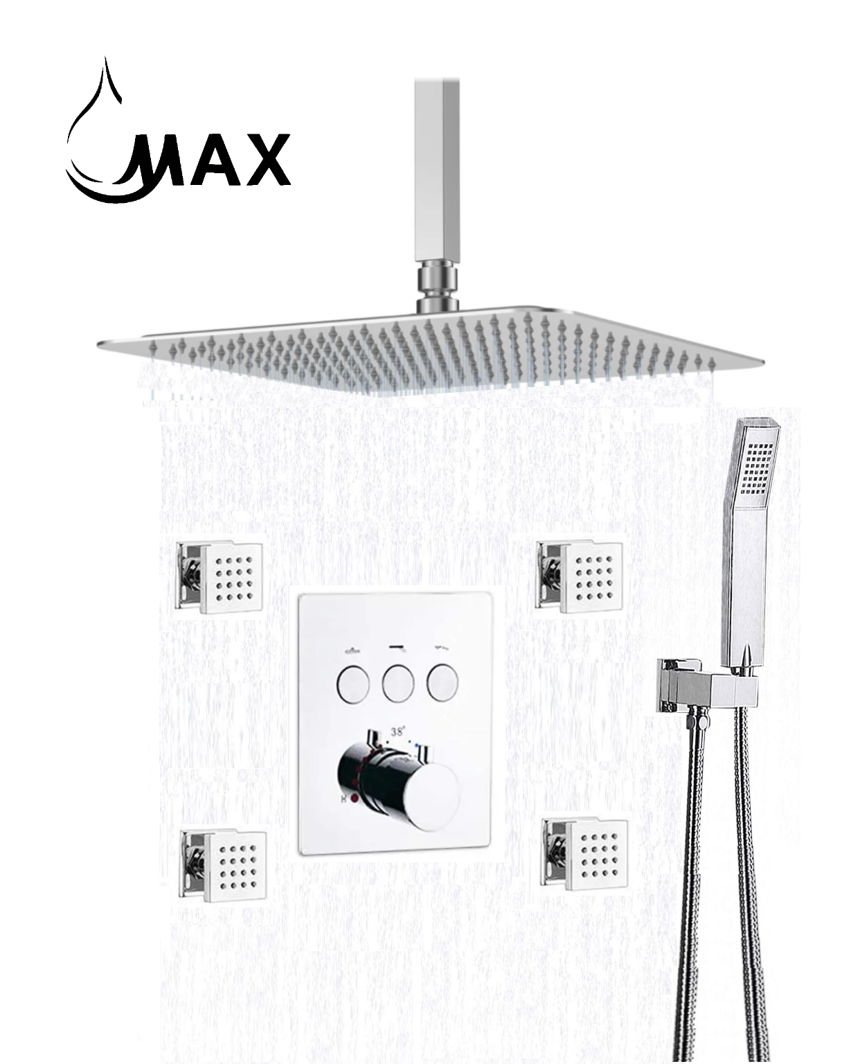 Ceiling Thermostatic Shower System Three Function Handheld With 4 Body Jets and Valve Chrome Finish