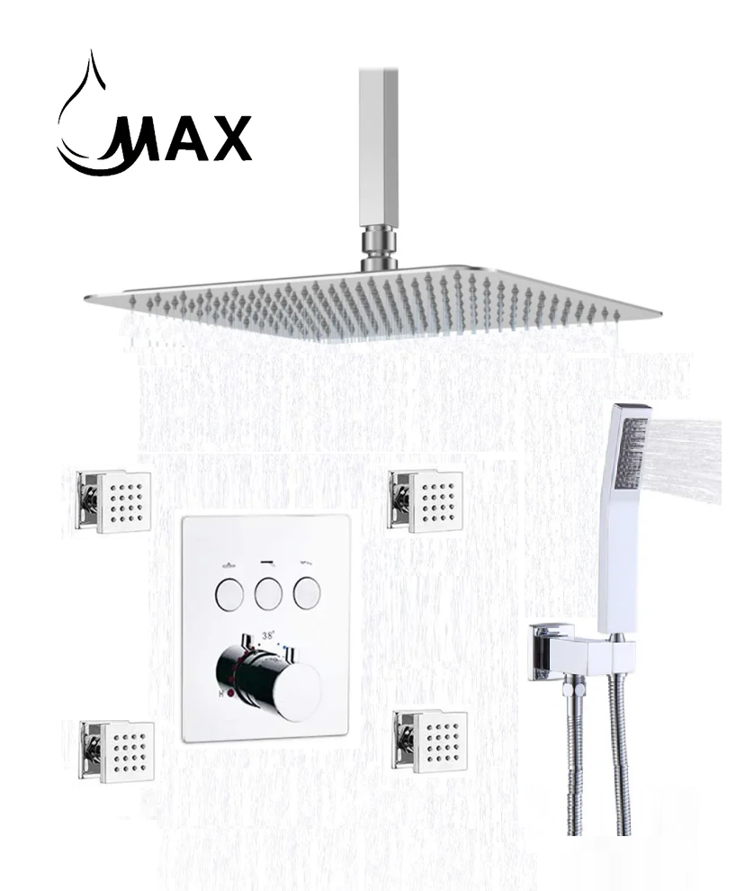 Ceiling Thermostatic Shower System Three Function Handheld With 4 Body Jets and Valve Chrome Finish