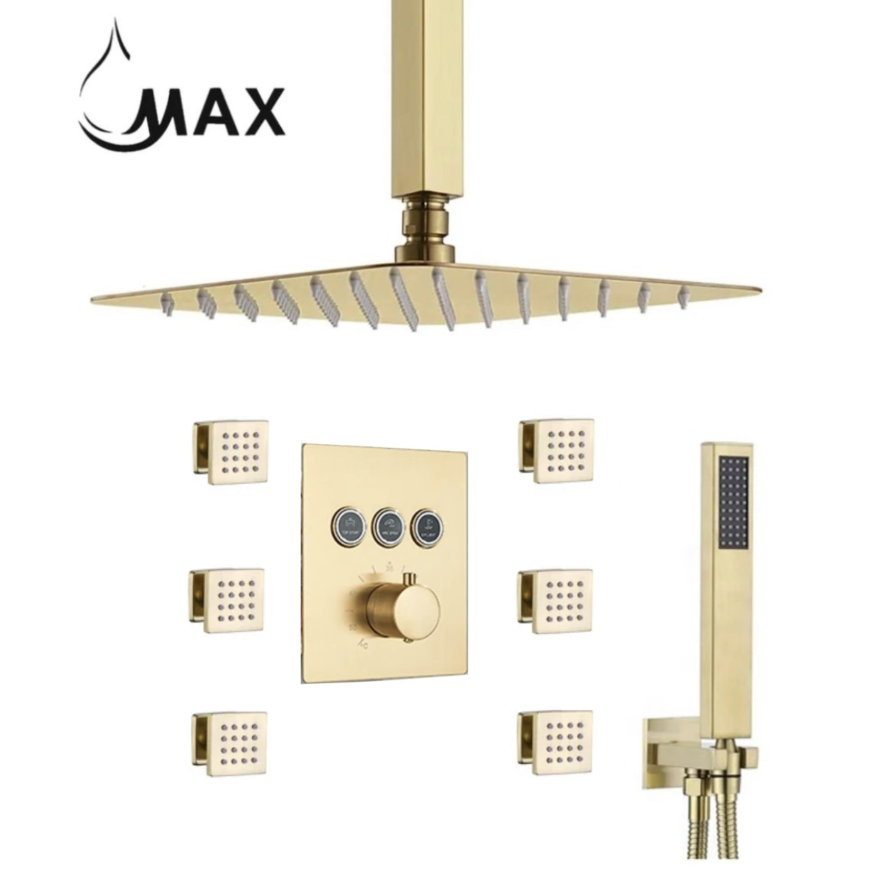 Ceiling Thermostatic Shower System Three Function Handheld With 6 Body Jets and Valve Brushed Gold Finish
