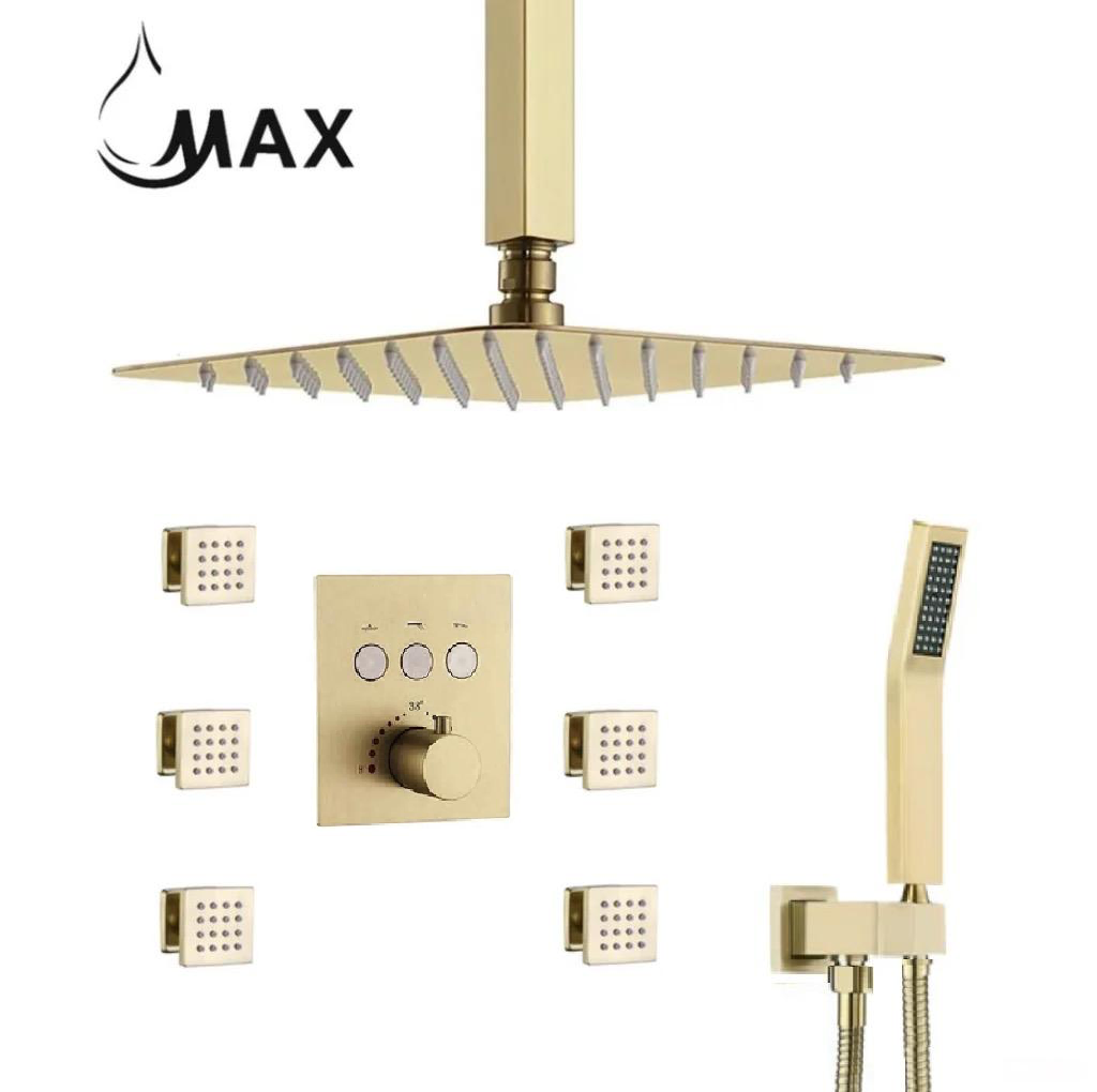 Ceiling Thermostatic Shower System Three Function Handheld With 6 Body Jets and Valve Brushed Gold Finish