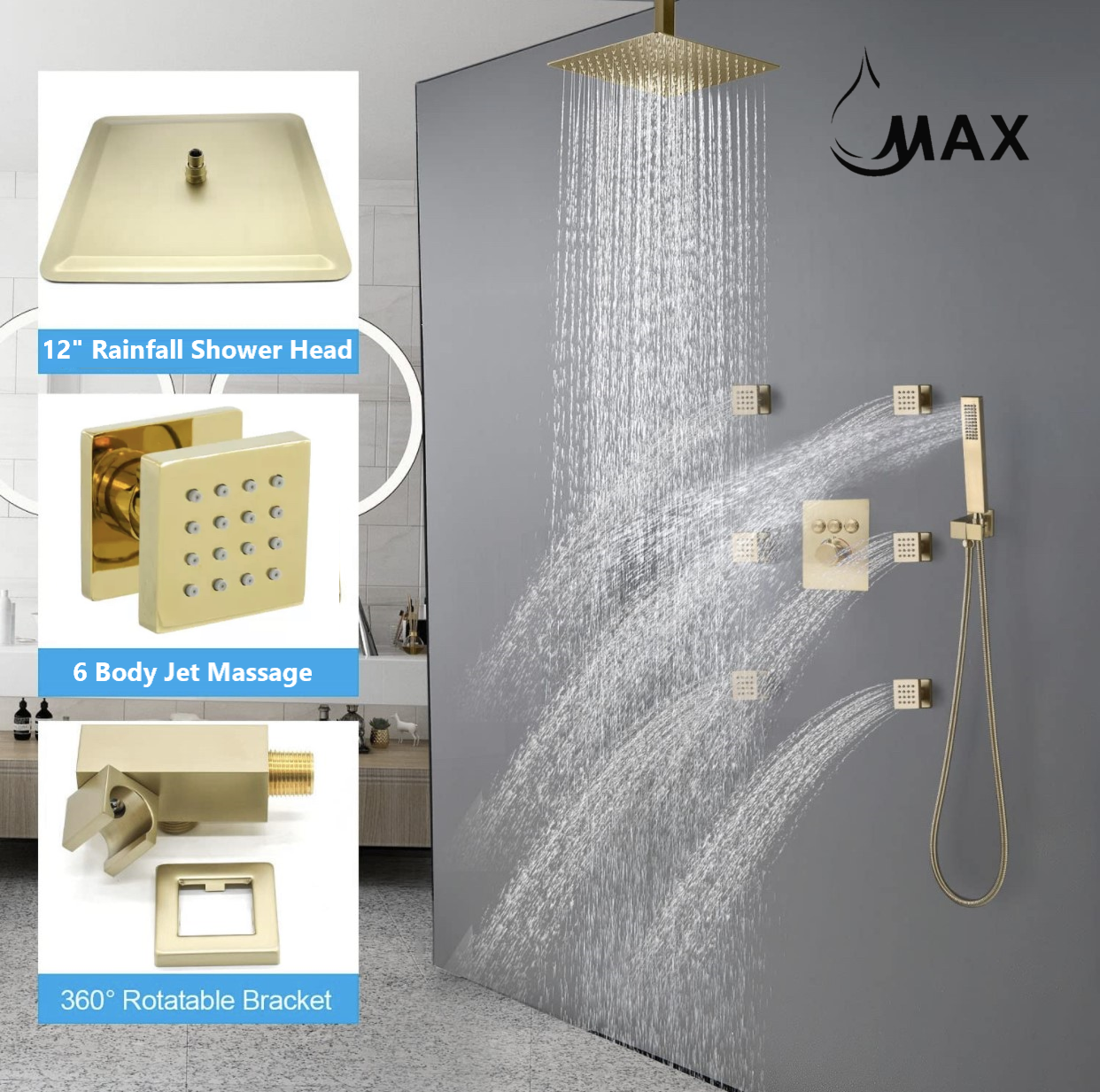 Ceiling Thermostatic Shower System Three Function Handheld With 6 Body Jets and Valve Brushed Gold Finish