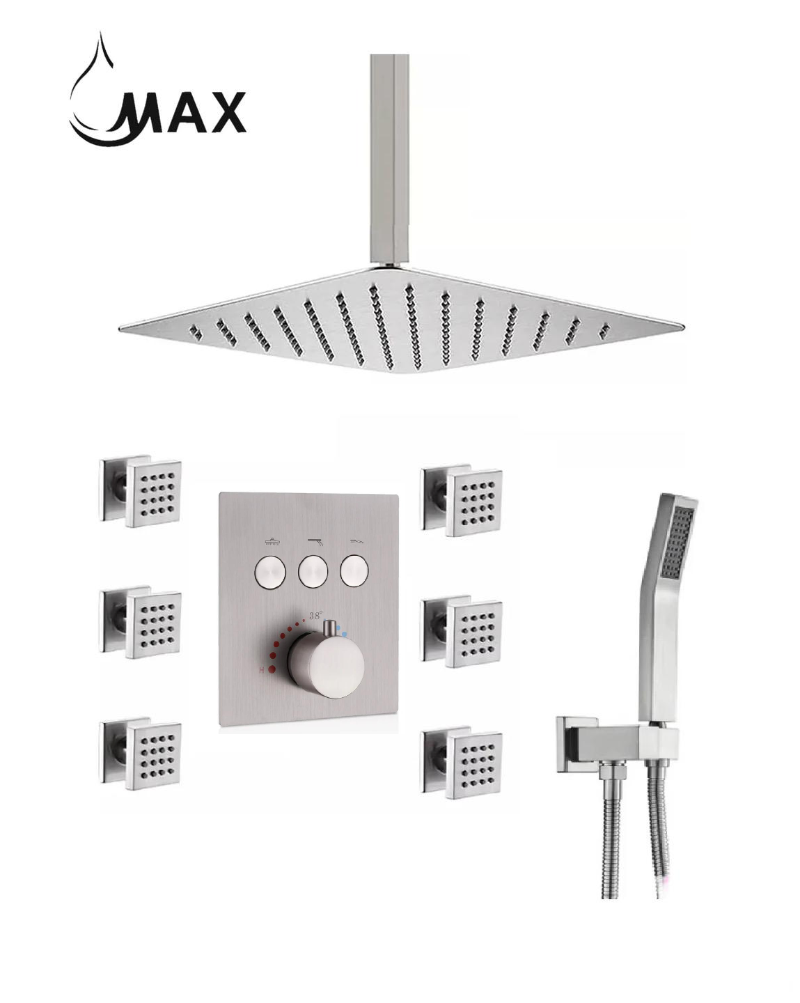 Ceiling Thermostatic Shower System Three Function Handheld With 6 Body Jets and Valve Brushed Nickel