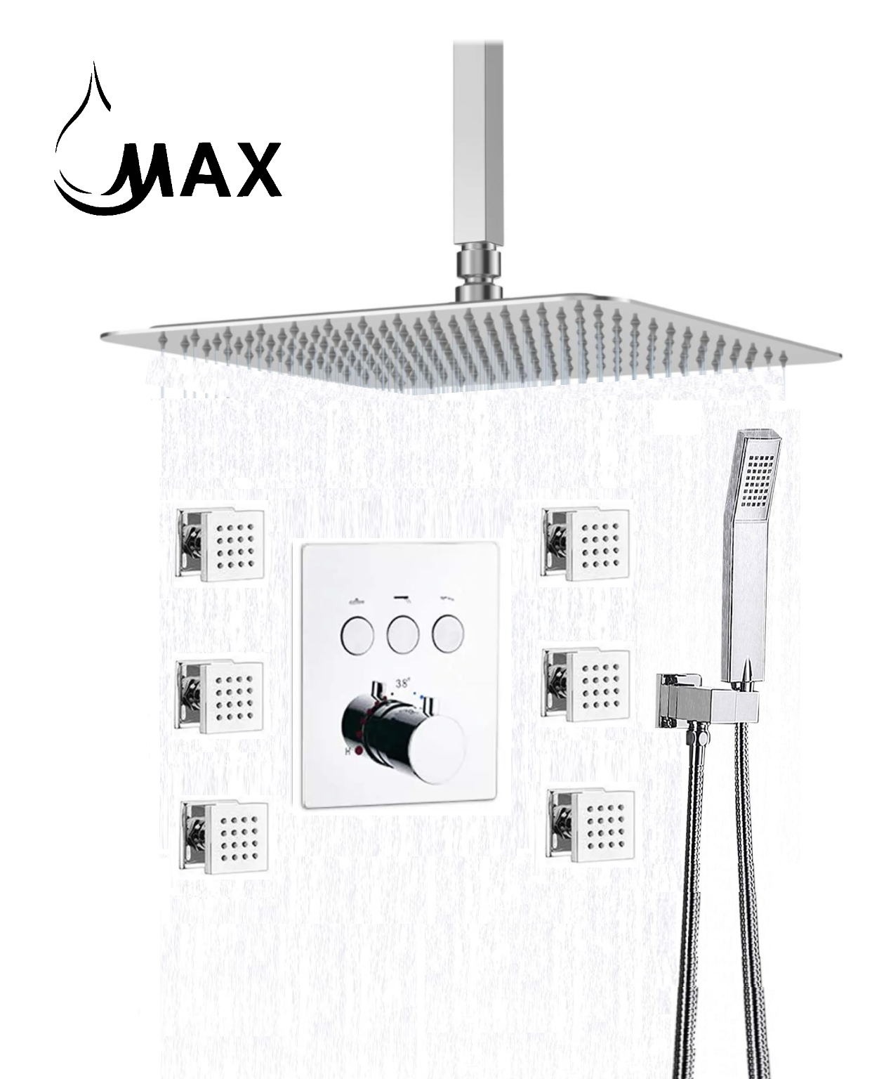 Ceiling Thermostatic Shower System Three Function Handheld With 6 Body Jets and Valve Chrome Finish