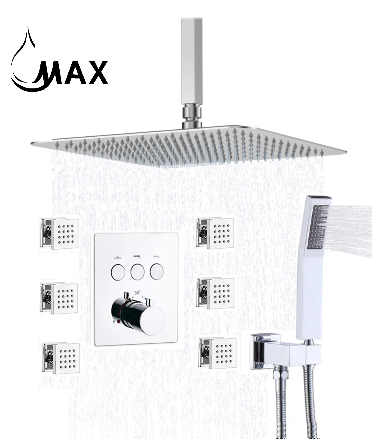 Ceiling Thermostatic Shower System Three Function Handheld With 6 Body Jets and Valve Chrome Finish