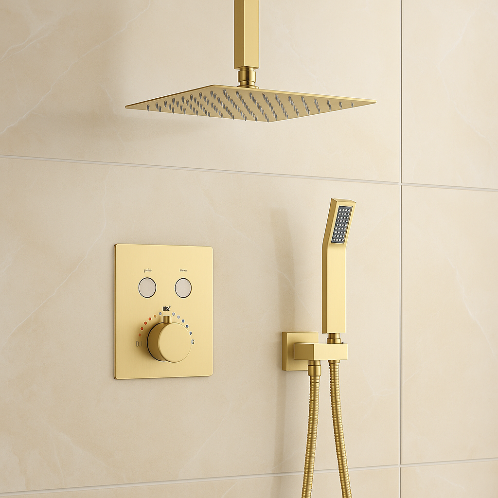 MAX Faucets | Ceiling Thermostatic Shower System Two Functions With Push-buttons Pressure Balance Valve Brushed Gold Finish