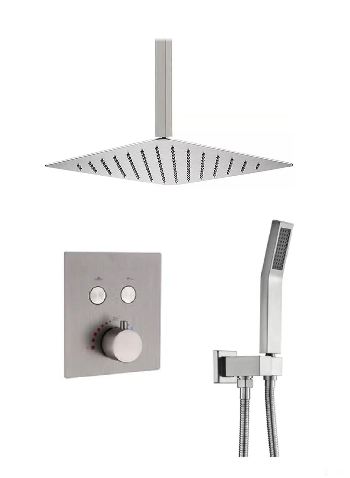 Ceiling Thermostatic Square Shower System Two Functions With Push-buttons Pressure Balance Valve Brushed Nickel Finish