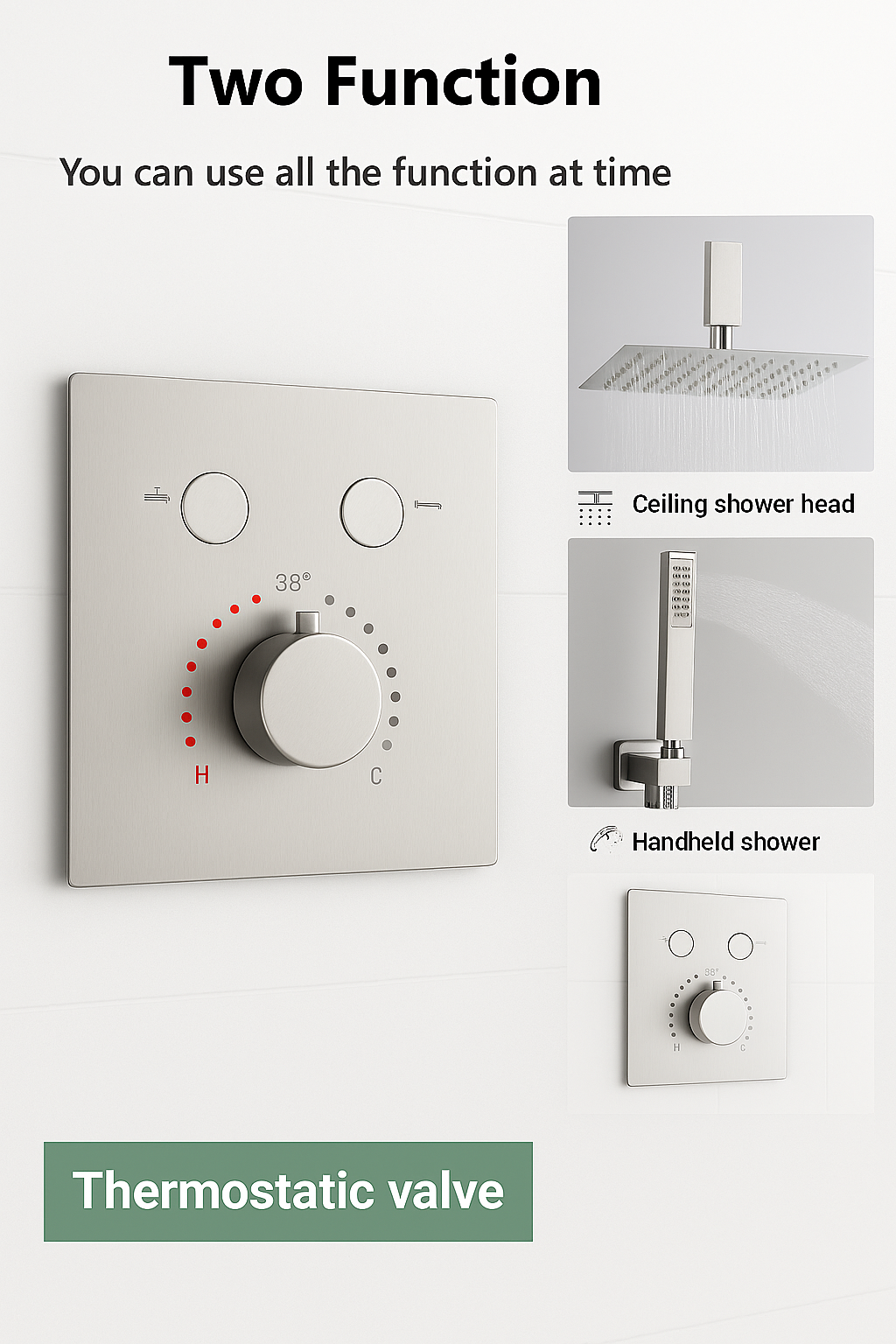 Ceiling Thermostatic Square Shower System Two Functions With Push-buttons Pressure Balance Valve Brushed Nickel Finish