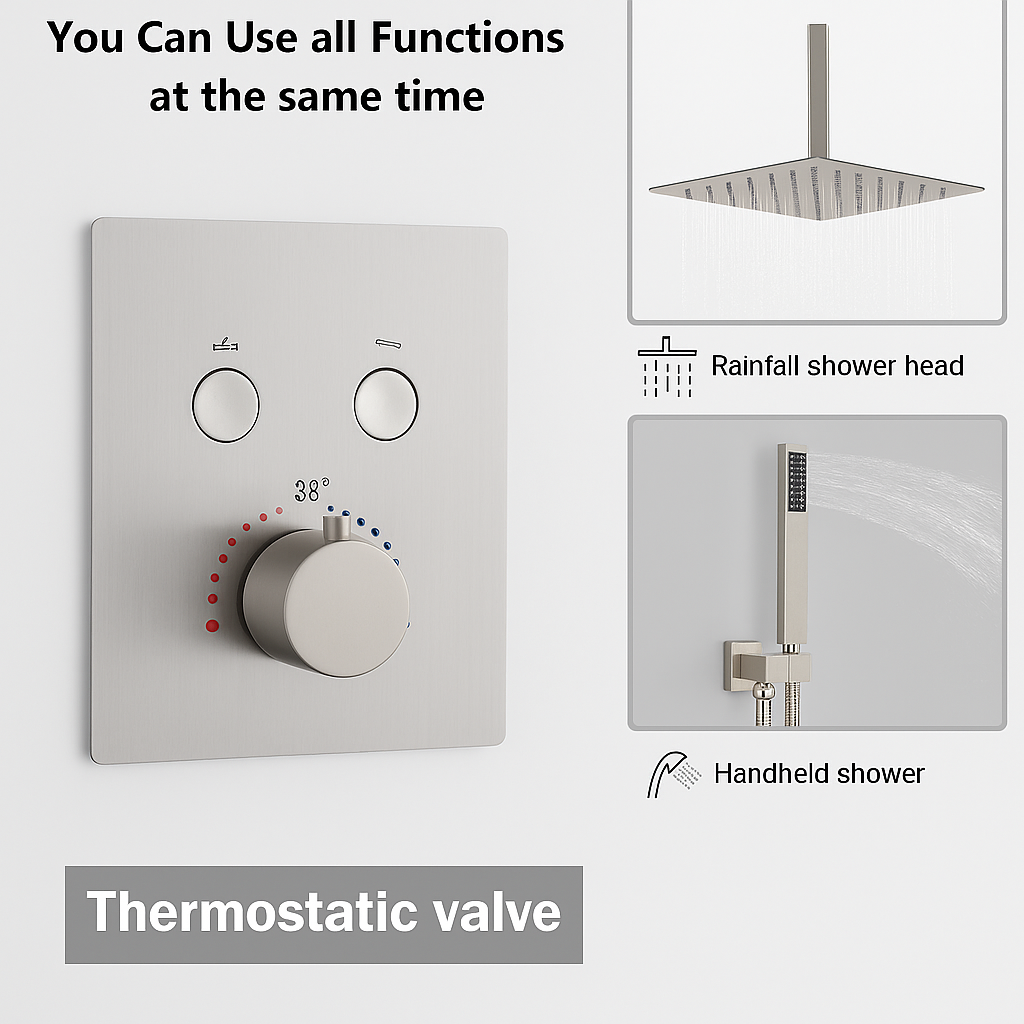 Ceiling Thermostatic Square Shower System Two Functions With Push-buttons Pressure Balance Valve Brushed Nickel Finish