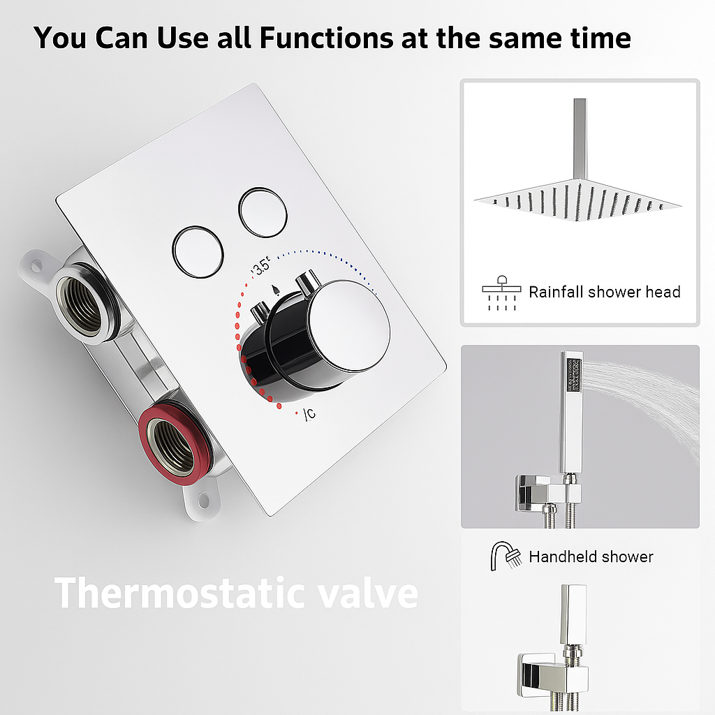 Ceiling Thermostatic Shower System Two Functions With Push-buttons Pressure Balance Valve Chrome Finish