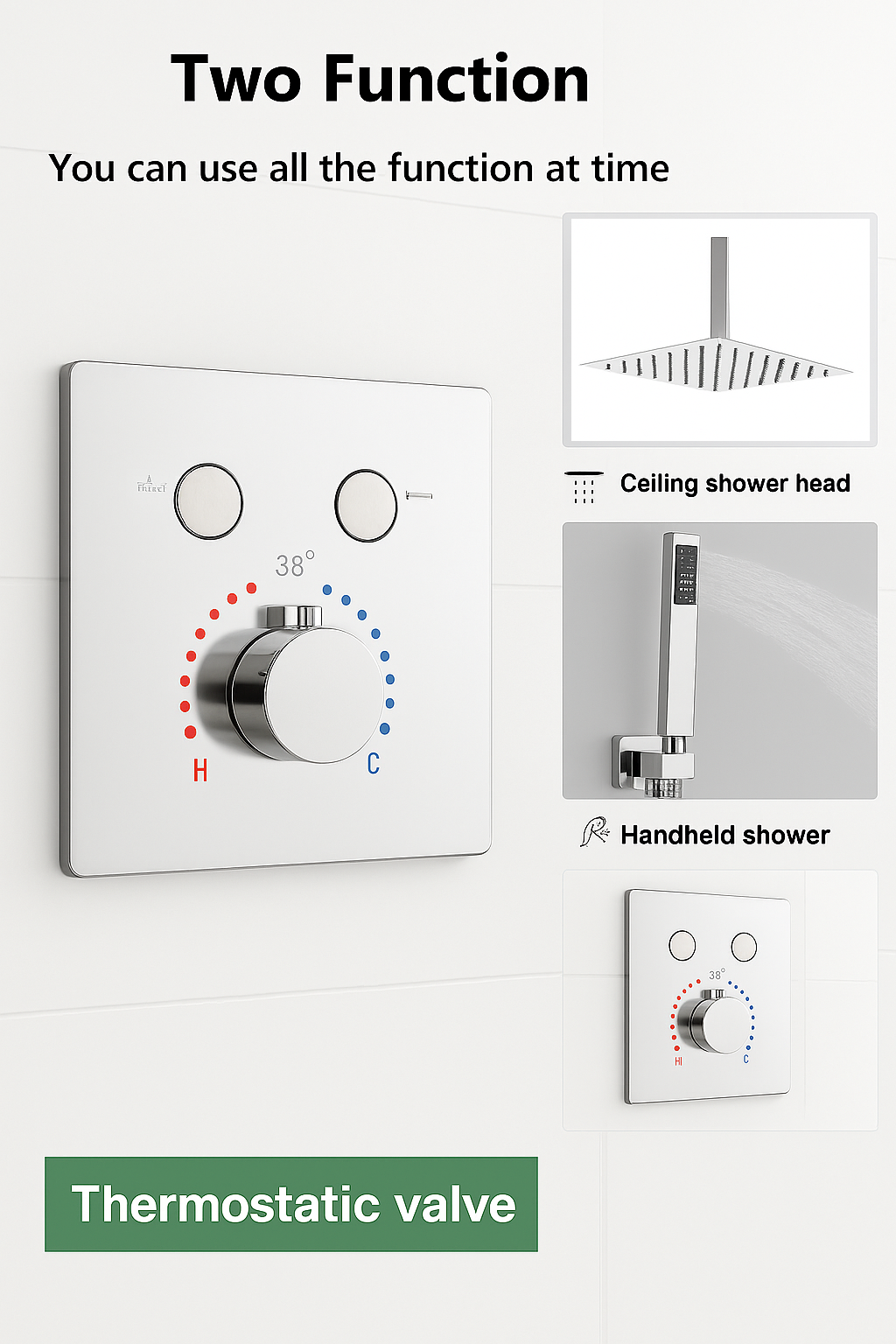 Ceiling Thermostatic Shower System Two Functions With Push-buttons Pressure Balance Valve Chrome Finish