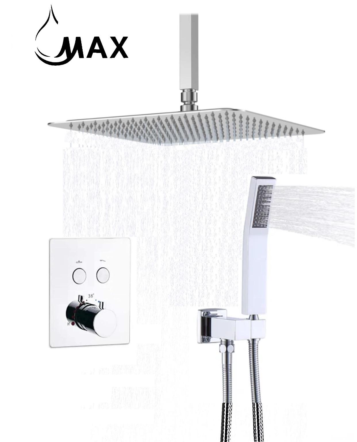 MAX Faucet | Ceiling Thermostatic Shower System Two Functions With Push-buttons Pressure Balance Valve Chrome Finish