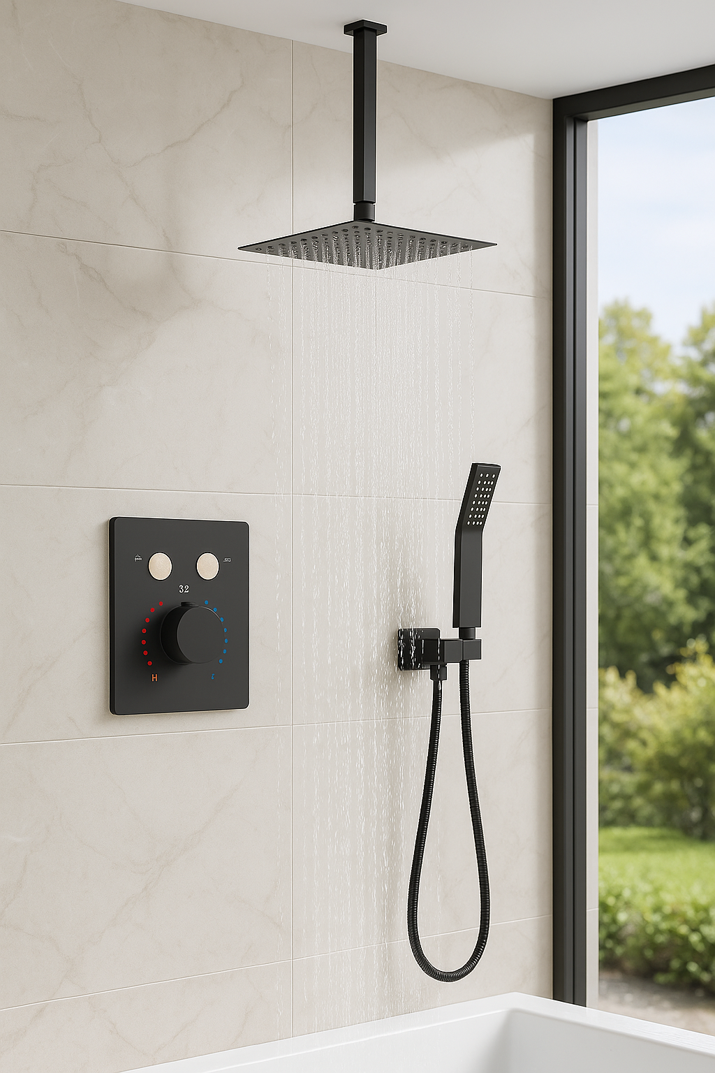MAX Faucets.| Ceiling Thermostatic Shower System Two Functions With Push-buttons Pressure Balance Valve Matte Black Finish 