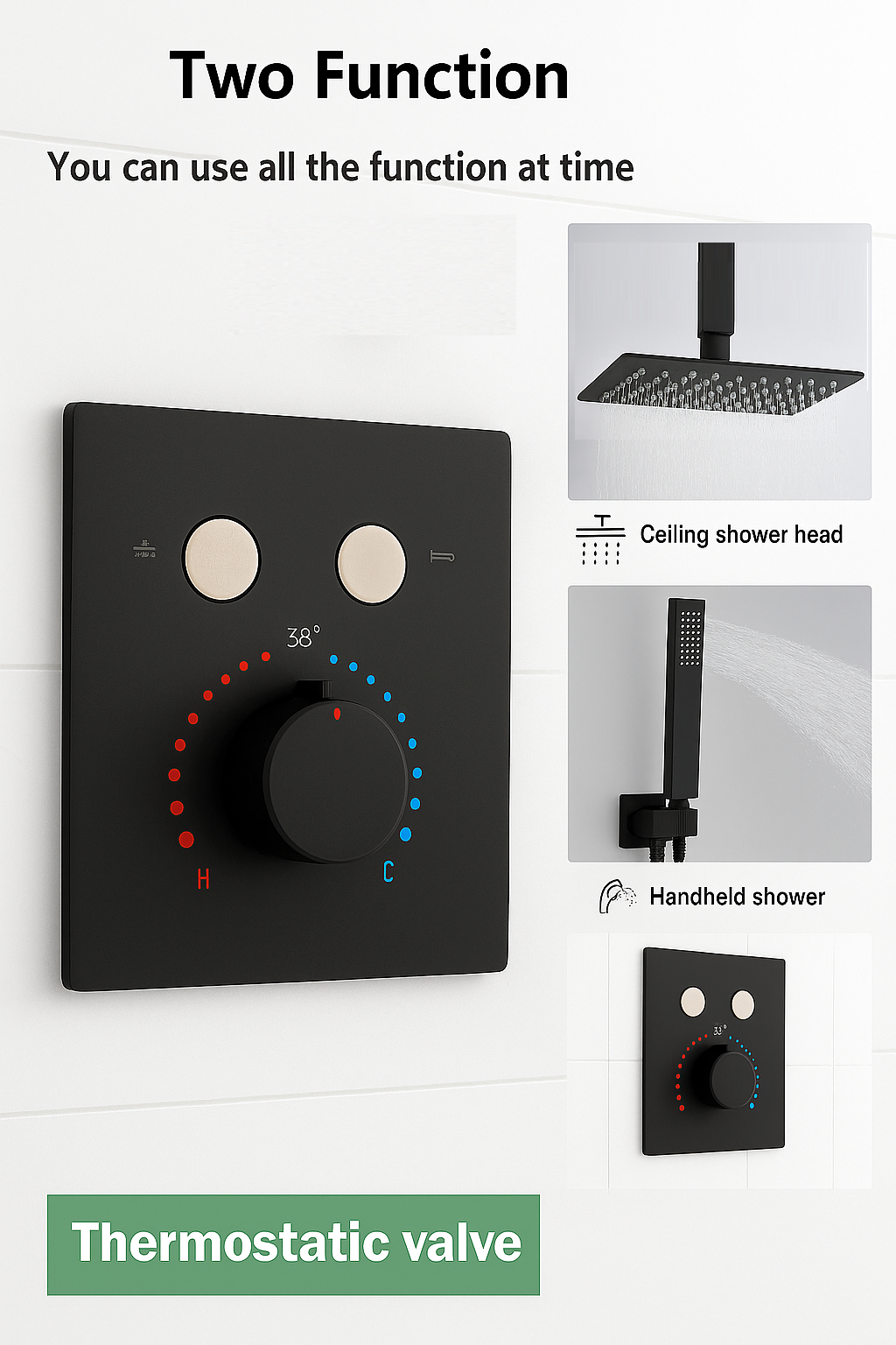 MAX Faucets Ceiling Thermostatic Shower System Two Functions With Push-buttons Pressure Balance Valve Matte Black Finish